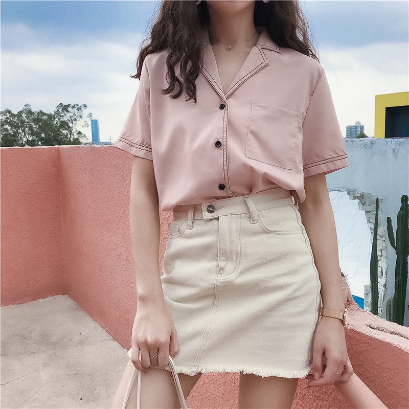 Áo Sơ Mi Kiểu Nữ Tay Ngắn MOLA cổ Vest Phong Cách Công sở Vintage Hàn Quốc Cộc Tay Nữ