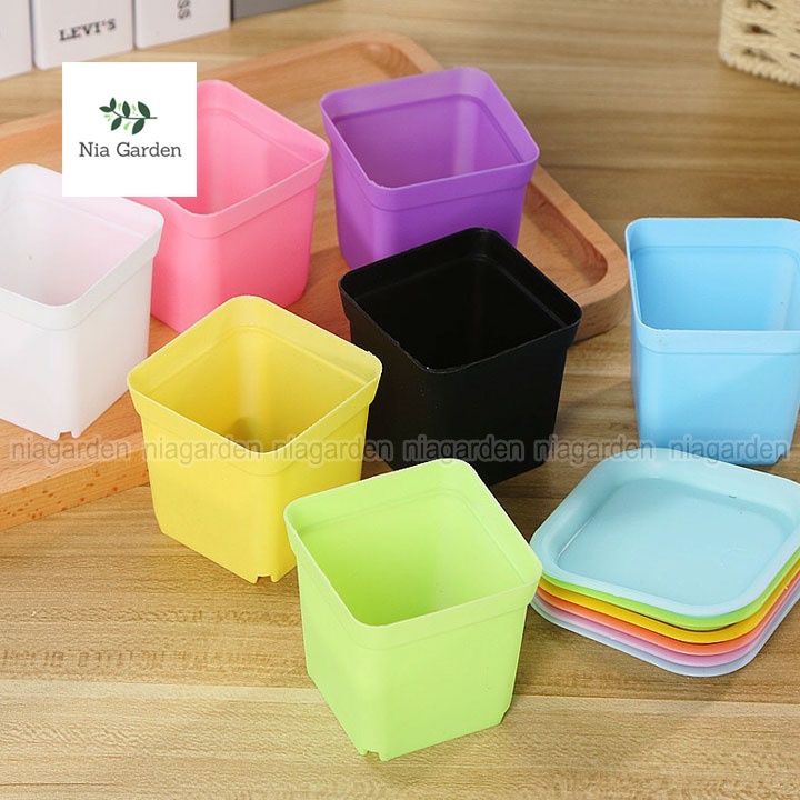 Chậu nhựa trồng cây sen đá xương rồng cây để bàn mini vuông màu pastel Nia Garden N8