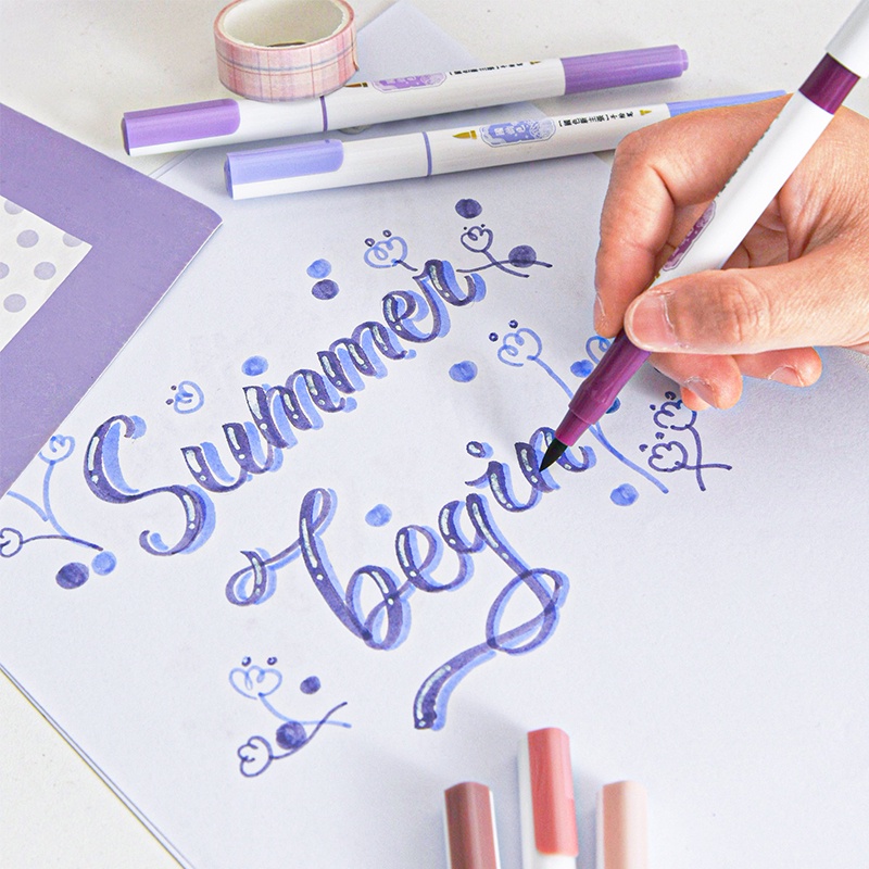 Set 4 Bút Lông Hai Đầu Kèm Cọ Viết Thư Pháp Màu Sắc Retro C7125