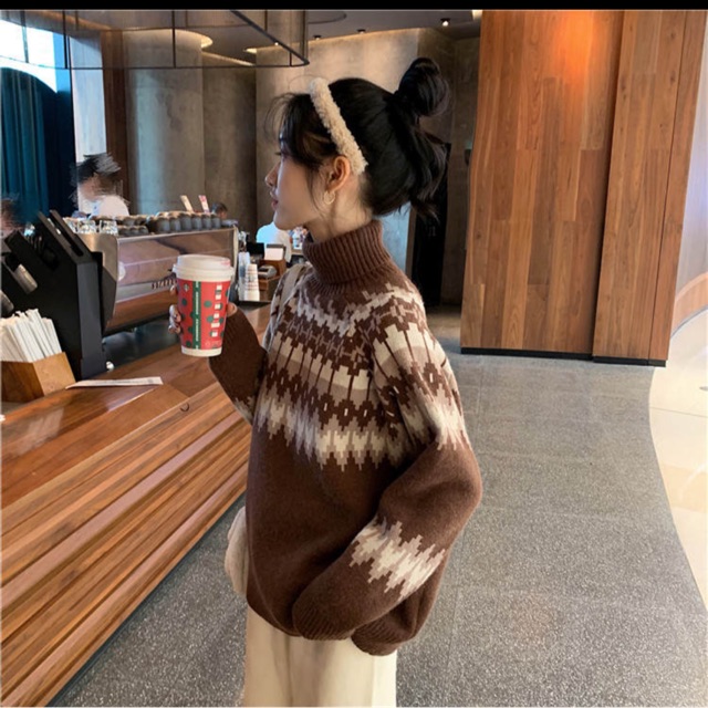 Áo len cao cổ 2 màu be - nâu