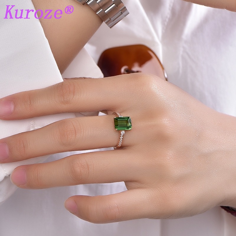 Nhẫn hở mạ vàng hồng 18K đính đá ngọc lục bảo màu xanh lá cây thời trang cho nữ