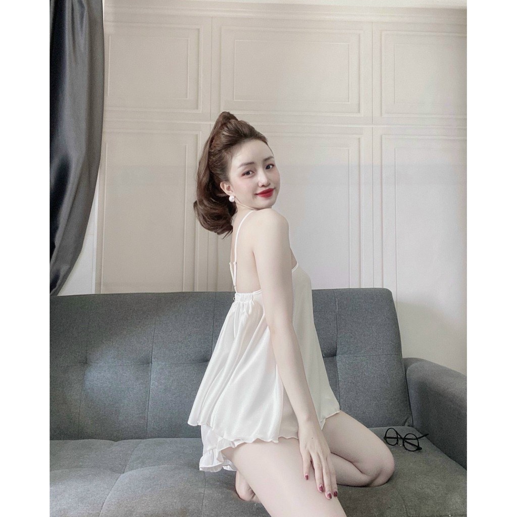 Đồ ngủ nữ, bộ mặc nhà 2 dây cổ yếm chất lụa satin đẹp, phối quần bèo nhún, phom dưới 55kg | BigBuy360 - bigbuy360.vn