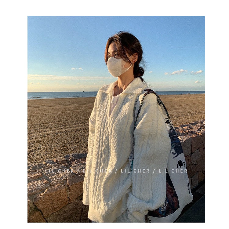 Áo dệt kim cổ chữ V dáng rộng thời trang thu đông phong cách Hàn Quốc cho nữ