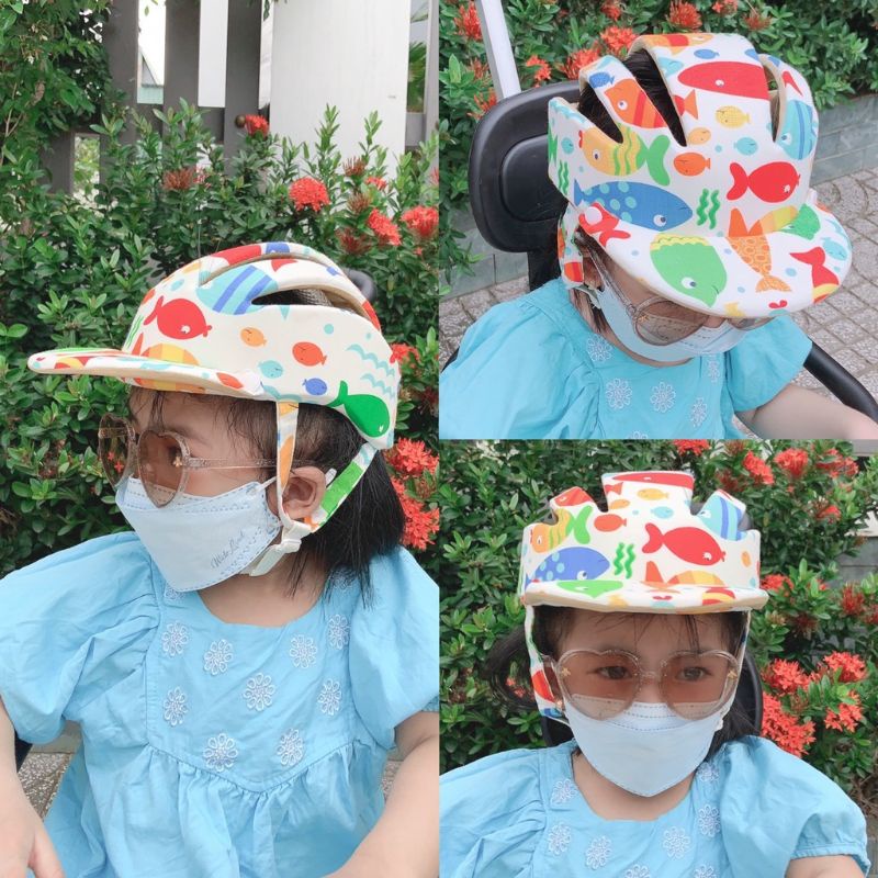 Mũ bảo vệ đầu cho bé tập bò/ tập ngồi/ tập đi xe máy - Nón bảo hiểm bảo vệ đầu đa năng hàng Việt Nam - Mẫu cá có vành