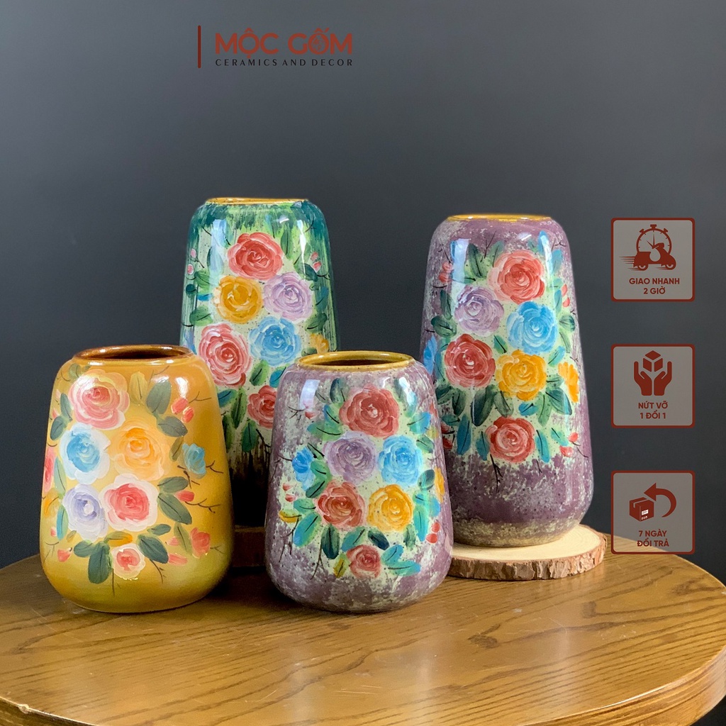 Bình vẽ hoa hồng gốm Bát Tràng cao cấp xinh xắn decor, lọ sứ cắm hoa trang trí để bàn MG110