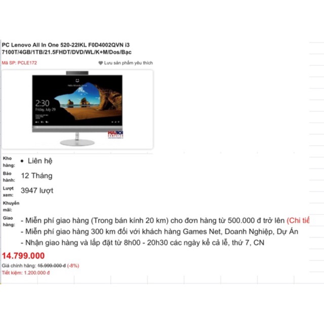 Lenovo ideacenter AIO 520-22IKL 21,5 j3 7100T | BigBuy360 - bigbuy360.vn