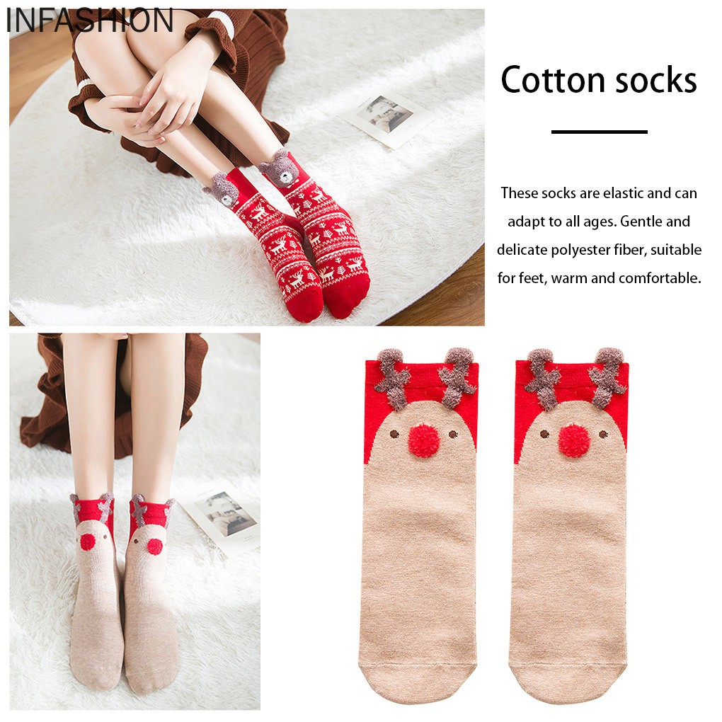 1 Đôi Tất Cotton Thoáng Khí Họa Tiết Giáng Sinh Cho Nữ