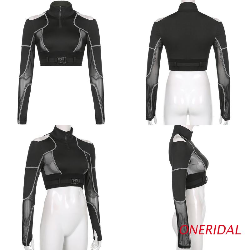 Áo thun tay dài cổ lọ phối khóa kéo nửa vai phong cách gothic Harajuku quyến rũ cho nữ