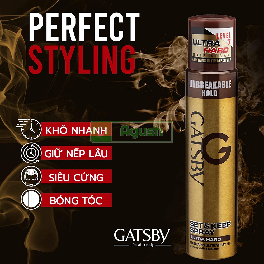 Keo xịt giữ nếp tóc namnữ phồng mái siêu cứng Gatsby Set Keep Hair Spray Ultra Hard chai 250ml định hình thơm không bết