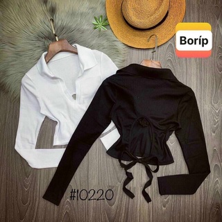 Áo croptop gân cổ bẻ thắt nơ sau