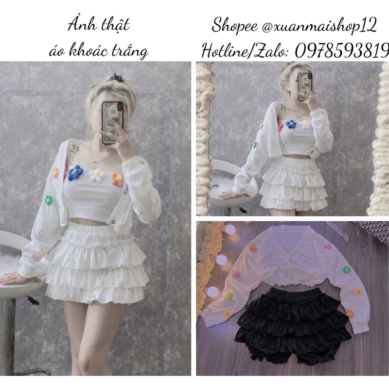 [FREESHIP- ẢNH THẬT] Có bán lẻ áo khoác cardigan len bông hoa + áo croptop hai dây len bông hoa + quần váy bí tầng