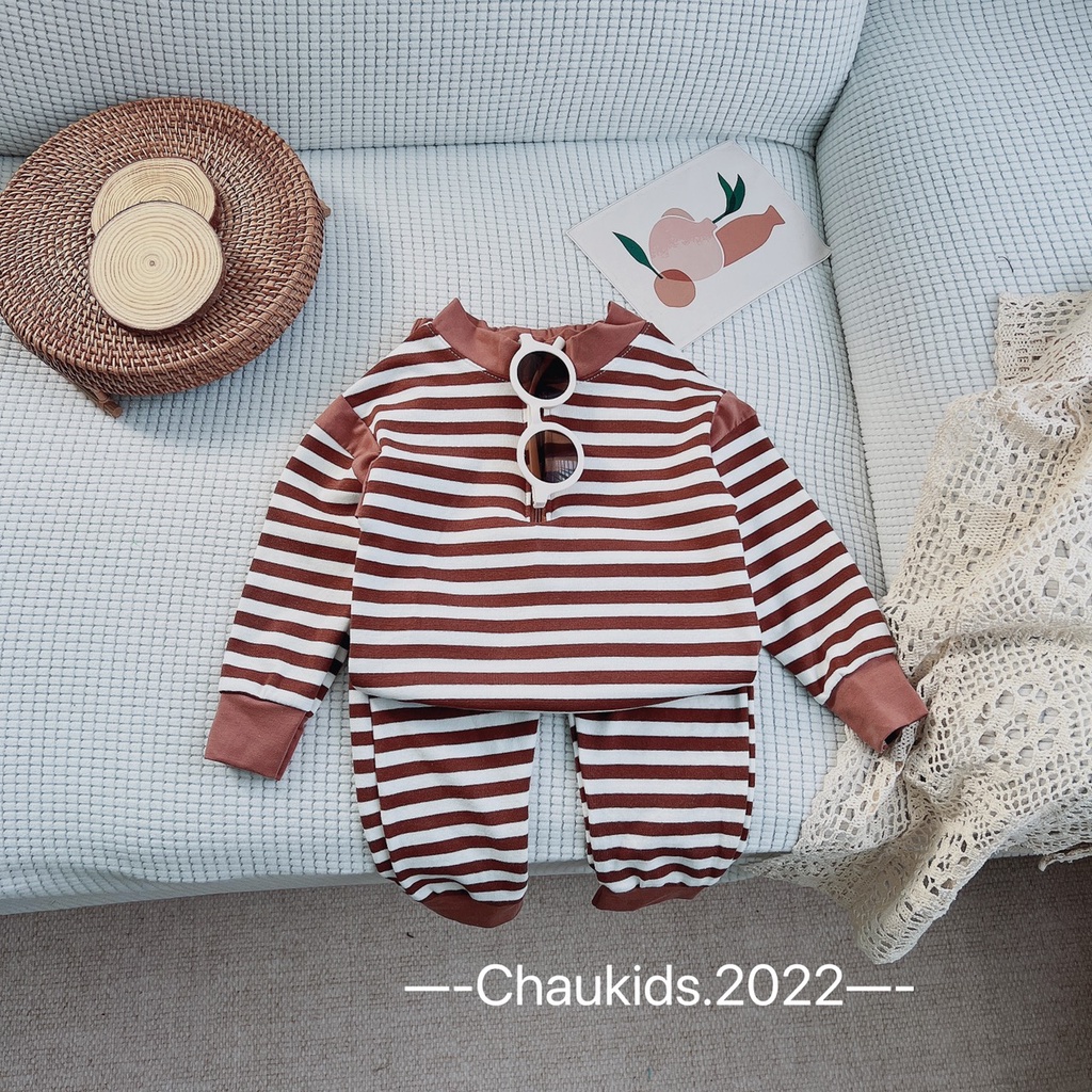 [SALE] Bộ Dài Tay Vải Len Zip Hàn Quốc Bé Trai, Bé Gái Kẻ Sọc Phối Tay, Bộ Quần Áo Cho Bé Mặc Thu Đông CKTD15