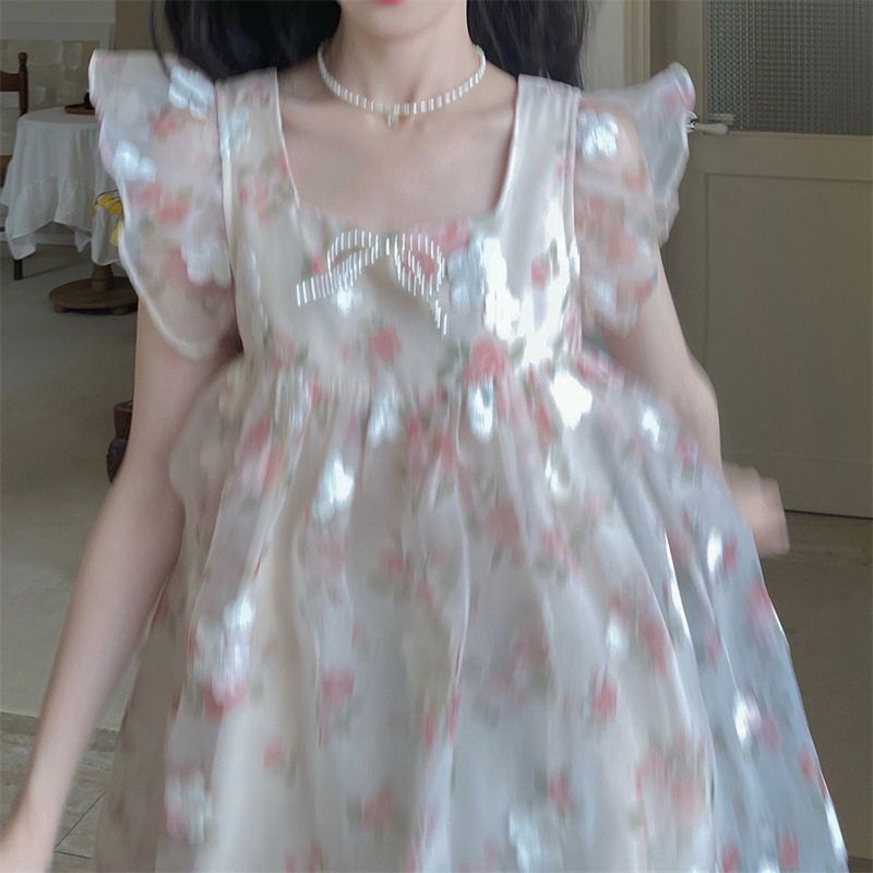 🌷váy babydoll  chân váy chữ a Đầm Búp Bê Tay Phồng Đính Nơ Họa Tiết Hoa Hồng Xinh Xắn Thời Trang Mùa Hè Cho Nữ