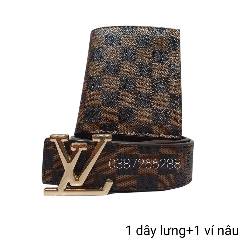 ComboThắt Lưng Nam LV/Dây Nịt Nam+ Ví Da/Bóp Nam Cao Cấp Kẻ Caro Màu Xanh Mặt Khóa Vàng Da Tổng Hợp