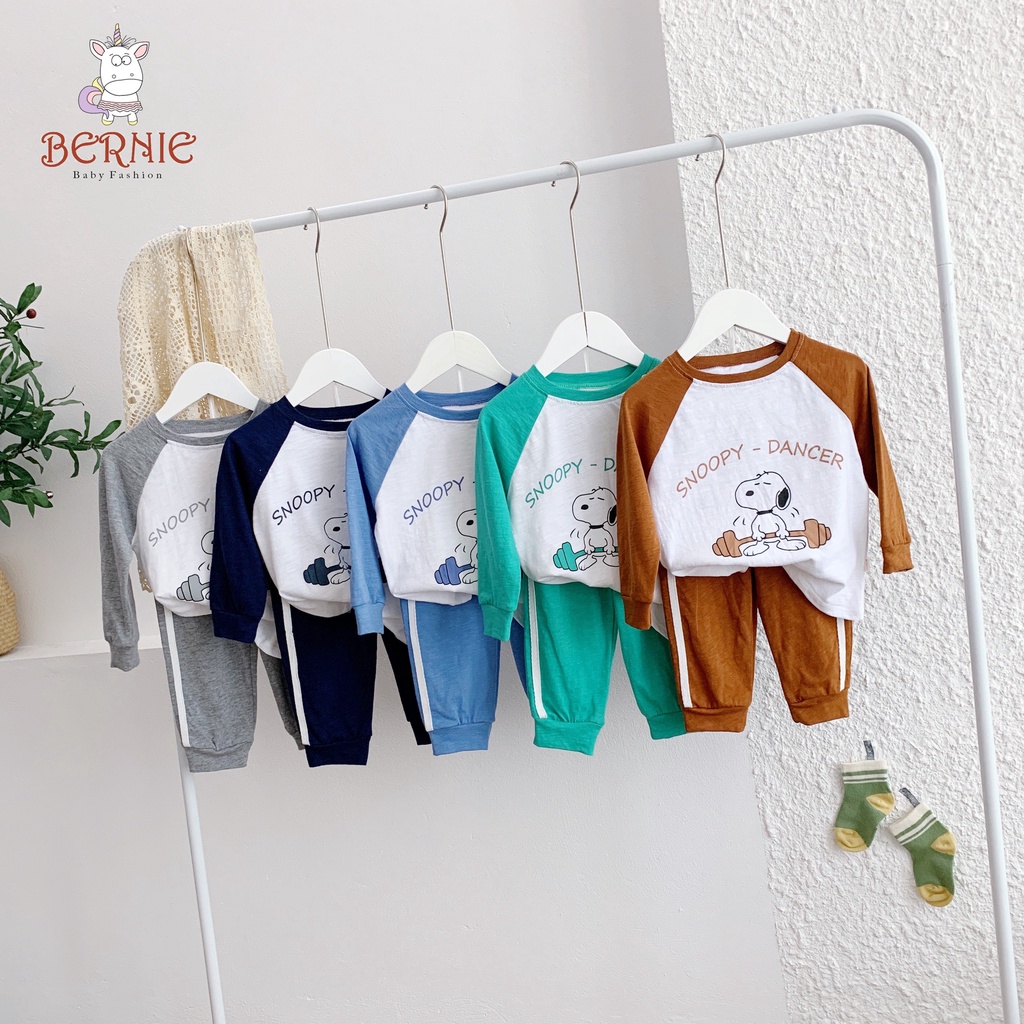 Bộ cotton dài tay unisex cho bé, bộ thu đông hoạ tiết Snoopy dáng thể thao vải cotton mềm mịn