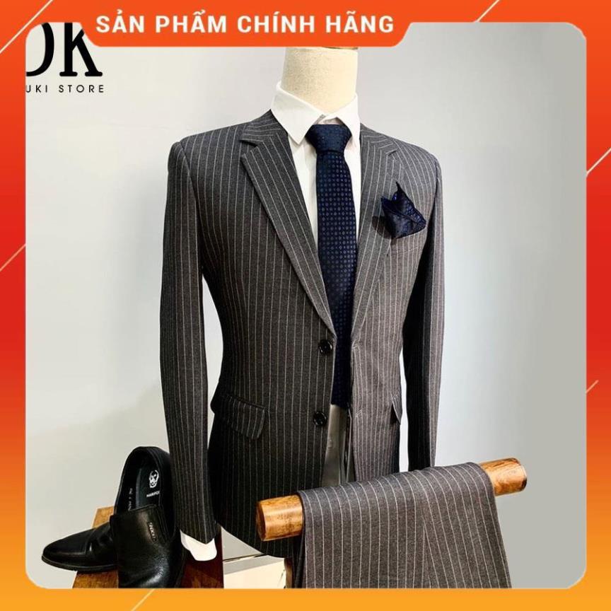 Bộ vest nam công sở 2 cúc sọc kẻ xám đẹp