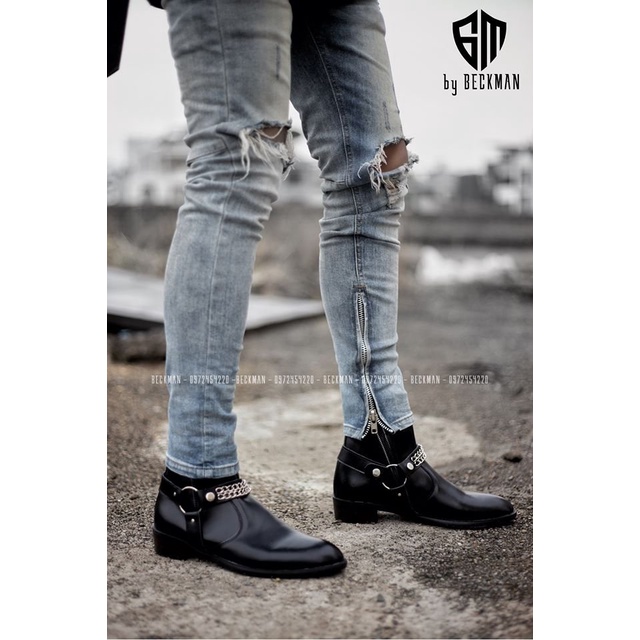 Giày Harness boot nam, kiểu dáng thời trang, khóa kéo kim loại chắc chắn, đế độn tăng 4cm chiều cao
