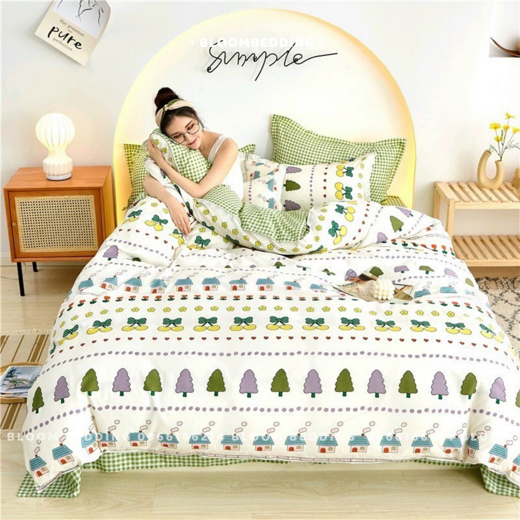 Set Chăn Ga Gối Cotton Poly 4 món - Cherry xanh - BloomDecor