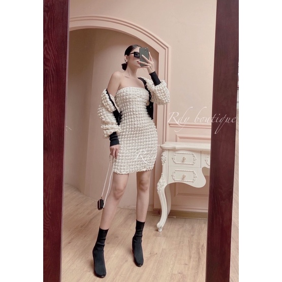 sét cadigan len xốp nhúng 3D+váy quây