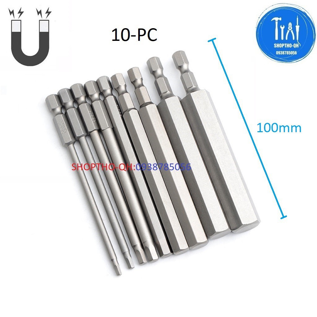 BỘ 10 ĐẦU BẮT VÍT LỤC GIÁC DÀI 100MM CHUÔI LỤC GIÁC THÉP S2.