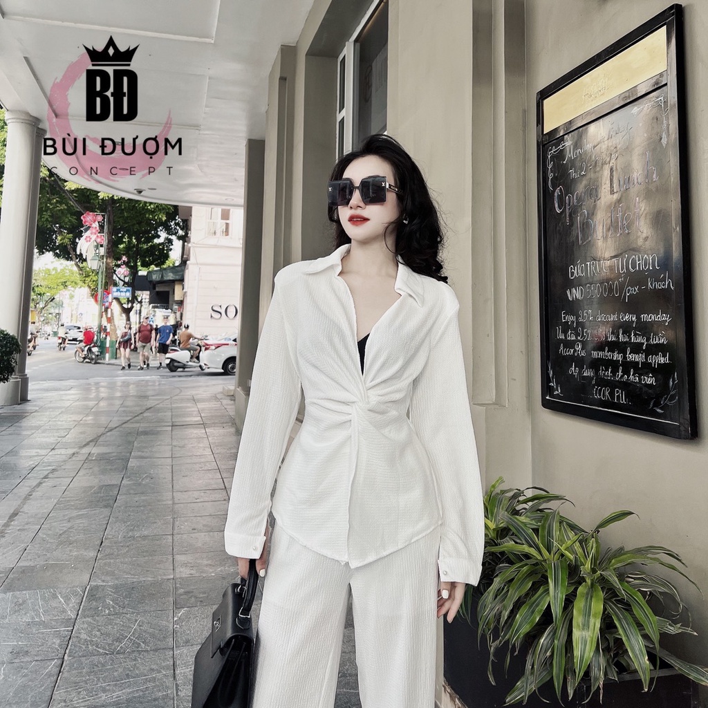 Set Áo Sơ Mi Mix Chân Váy Ngắn Tua Rua Không Cân Xứng, Set áo sơ mi xoắn eo tôn chân dài Bùi Đượm Concept