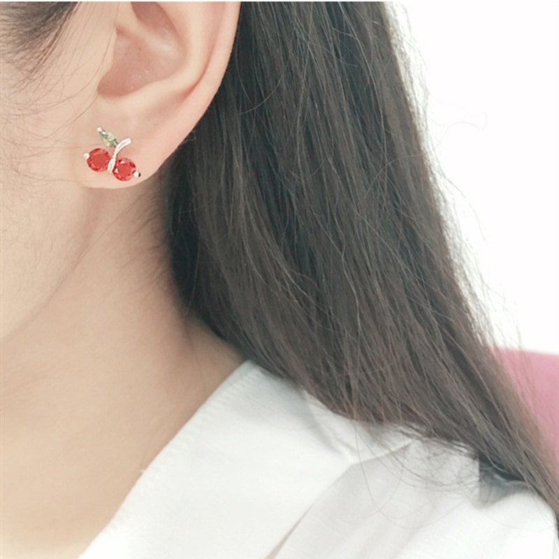 Hoa tai thời trang nữ phong cách Hàn Quốc Hoa tai đính kim cương đỏ anh đào dễ thương