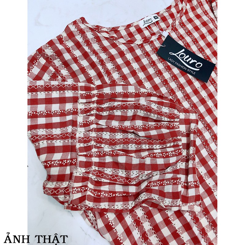 Áo kiểu nữ công sở Louro L214,kèm ảnh thật, mẫu áo công sở ngắn tay, họa tiết caro | BigBuy360 - bigbuy360.vn