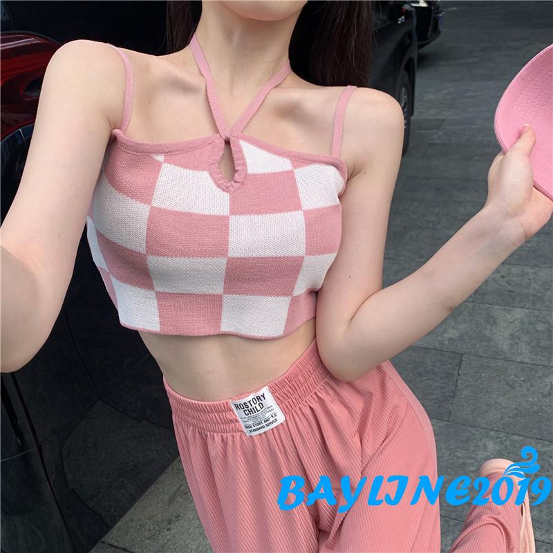 Áo lửng 2 dây cổ chữ V in caro màu tương phản gợi cảm cho nữ