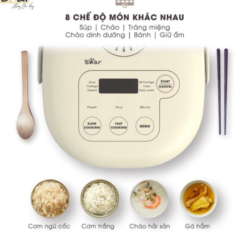 Nồi cơm điện thông minh Bear SUBE015 - Dung tích 2 Lít - 8 chế độ nấu Bảo Hành 12 tháng chính hãng