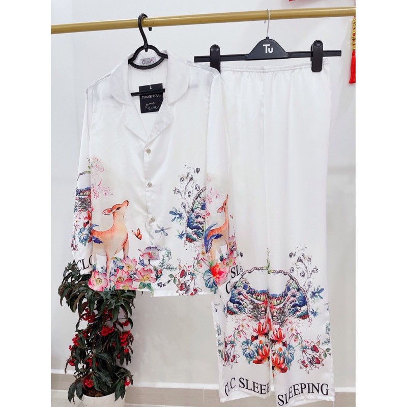 Bộ ngủ Pizama tay dài, bộ ngủ mặc nhà họa tiết chất satin