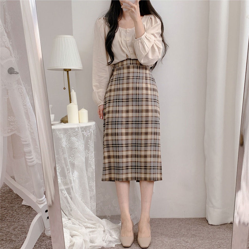 Bộ Áo Phối Ren + Chân Váy Lưng Cao Sọc Ca Rô Xinh Xắn Cho Nữ 38051