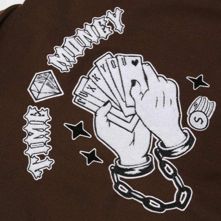 Áo khoác Bomber Nỉ VARSITY JACKET BOMBER TIME MONEY -Áo bomber thêu hình chữ T cực chất tại SixK Store Unisex