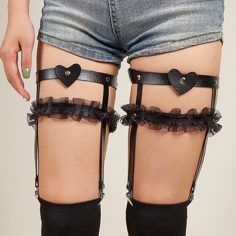 Dây Nịt Da PU Phối Ren Và Kẹp Hợp Kim Màu Đen Phong Cách Punk Cá Tính Dành Cho Nữ
