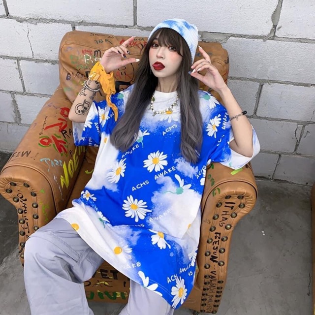 (Ảnh thật)❌ Áo thun unisex loang xanh in hoa cúc full áo