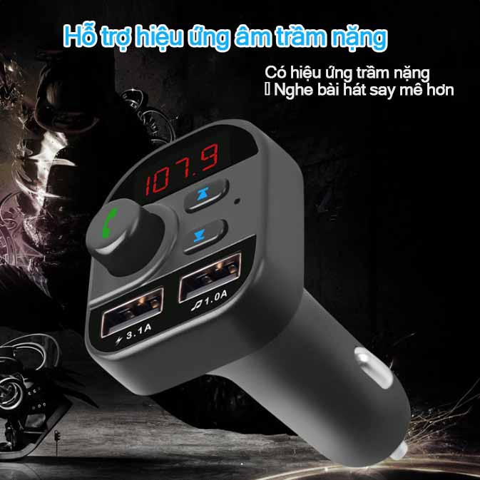 Tẩu sạc ô tô kiêm nghe nhạc MP3, có thể được kết nối với điện thoại qua Bluetooth và âm thanh nổi trên ô tô qua đài FM