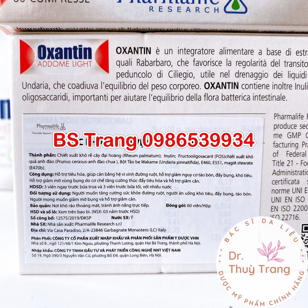 [Chính Hãng] Viên uống giảm cân, giảm mỡ bụng Pharmalife Oxantin Addome Light 60 viên của Ý