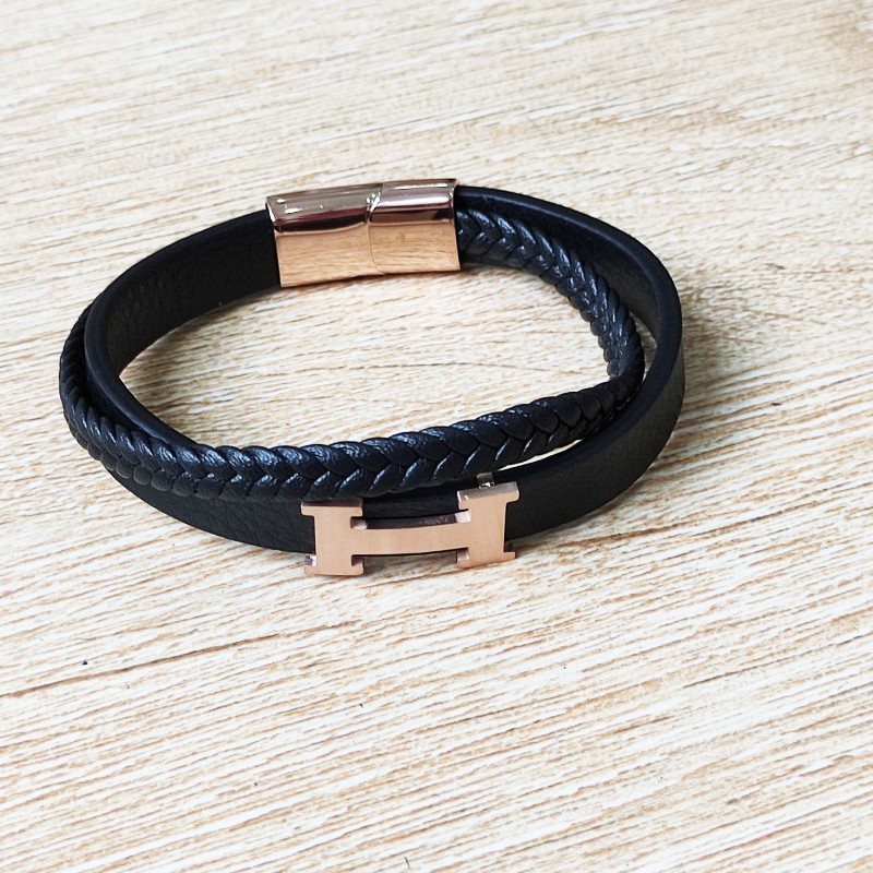 Vòng Tay Nam Dây Da Chữ H Thép Titan Ko Han Rỉ TT 3729