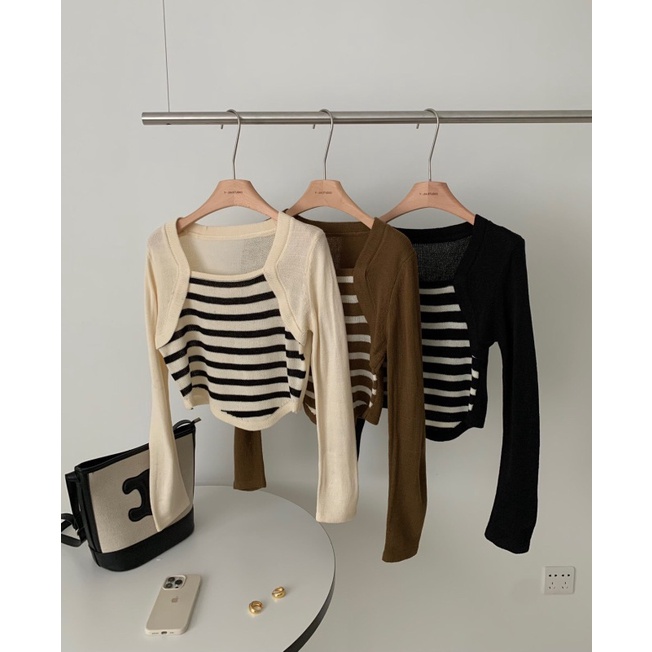 NZN Áo Len Tay Dài Cổ Vuông Giả Hai Lớp Họa Tiết Kẻ Sọc Màu Tương Phản Phong Cách retro Hàn Quốc Dành Cho Bạn Nữ