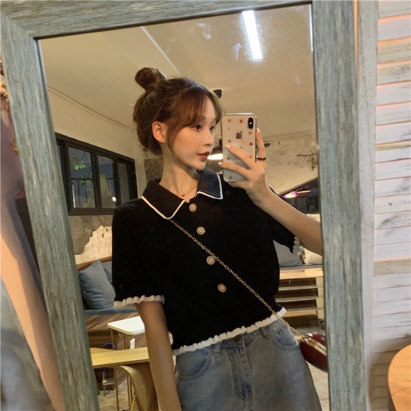 [Order] Áo polo vải len gân hoạ tiết cúc áo xinh xắn ulzzang | BigBuy360 - bigbuy360.vn