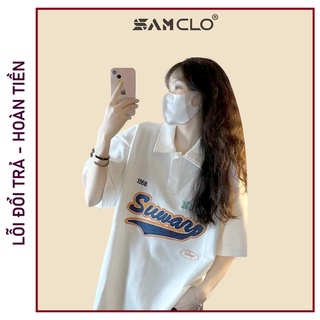 Áo thun Polo tay lỡ SAM CLO có cổ form rộng phông freesize dáng unisex mặc cặp, nhóm, lớp, đi học in chữ SET UP SINCE 19