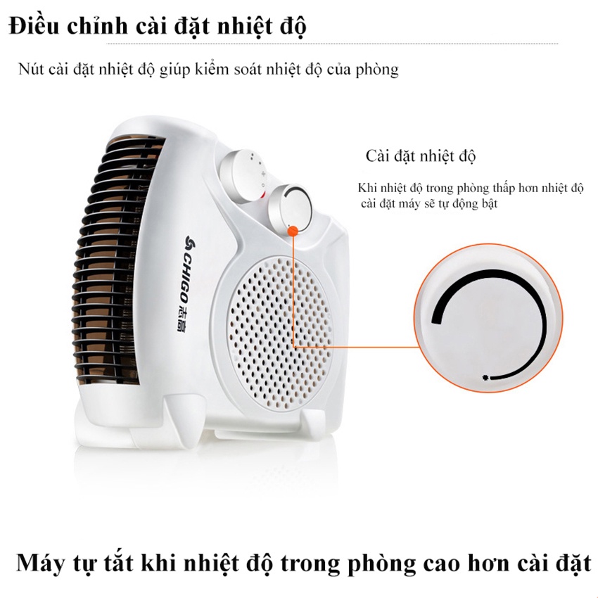 Quạt Sưởi Ấm Mini ChiGo Công Suất Max 2000W Với 3 Cấp Độ Điều Chỉnh Tự Tắt Khi Quá Nhiệt Dùng Cho Phòng Diện Tích 20m