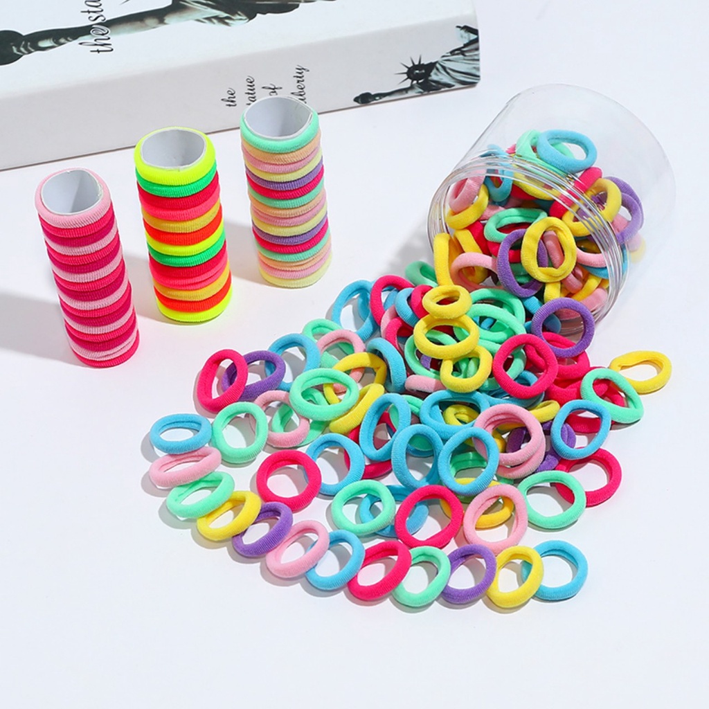 Hộp 100 dây buộc tóc trơn mix nhiều màu loại nhỏ không đứt tóc cho bé