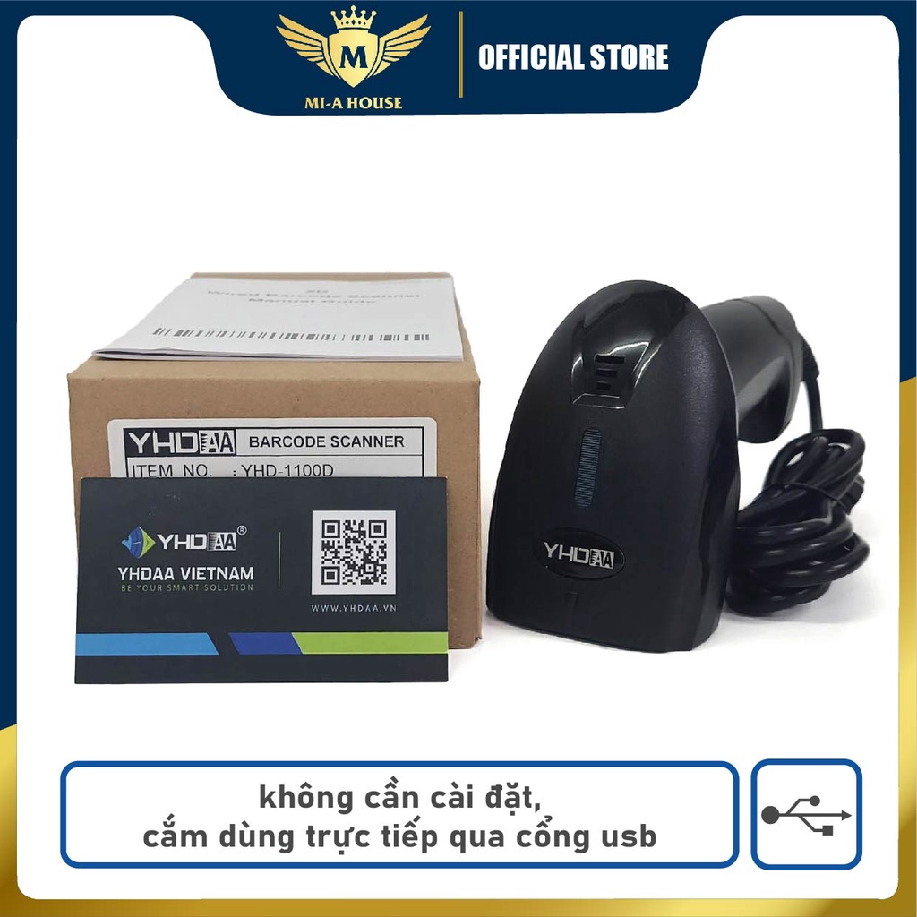 Máy quét mã vạch Qrcode YHD 1100D (2D) có dây - Máy bắn mã vạch 2D có dây cắm cổng USB kết nối Máy tính