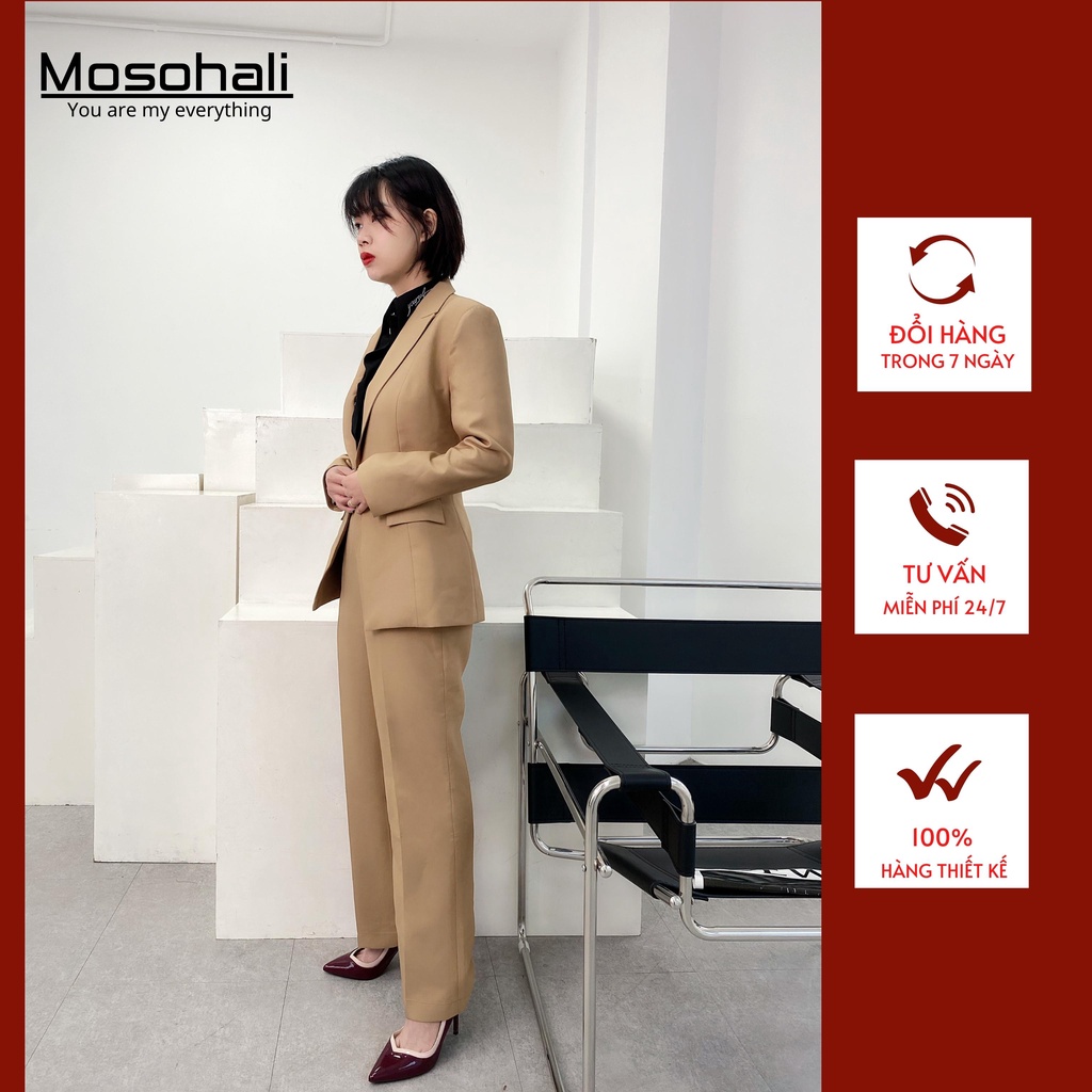 Set blazer nữ Nâu sang trọng Mosohali dáng ôm áo vest 1 khuy cùng quần tây set blazer nữ thiết kế thời trang công sở