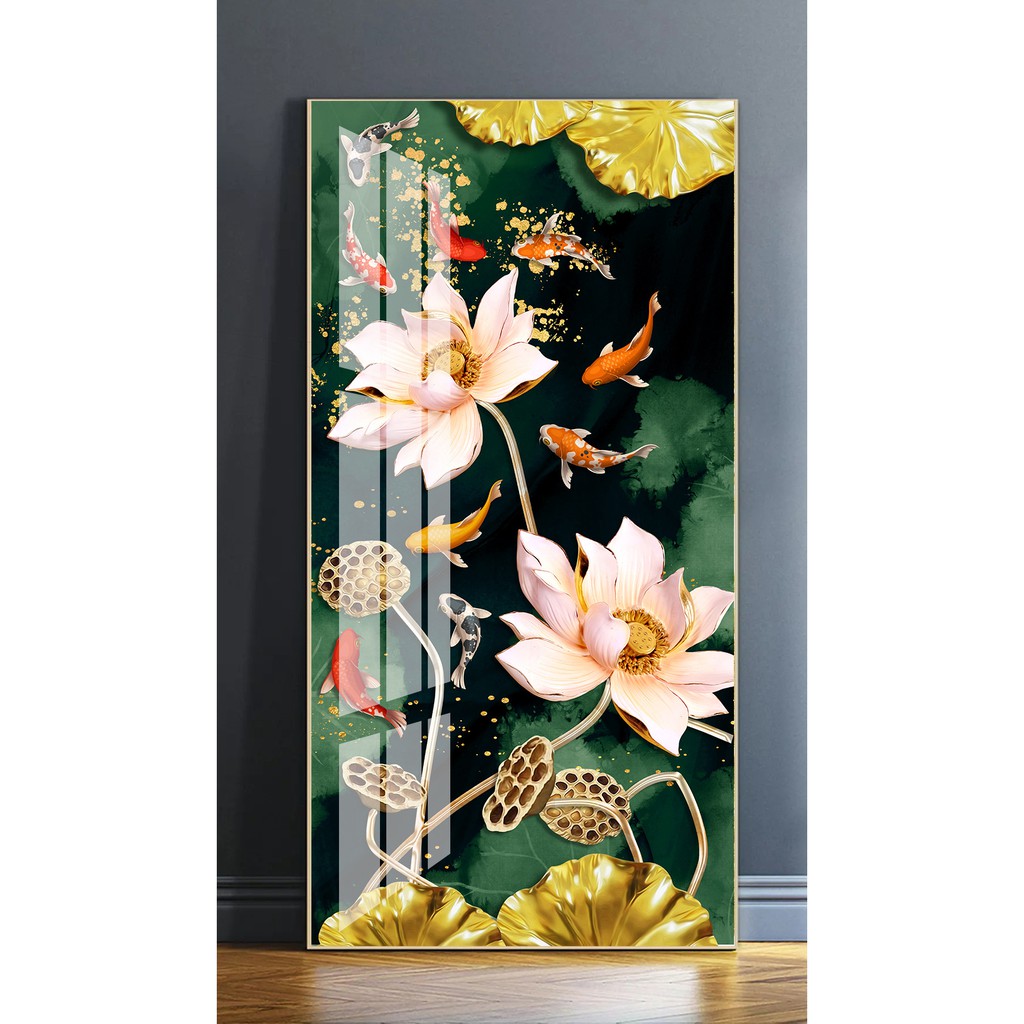 Tranh treo tường hiện đại phong thủy cửu ngư quần hội chất liệu bóng kính hoặc vải canvas ooopic_23886499