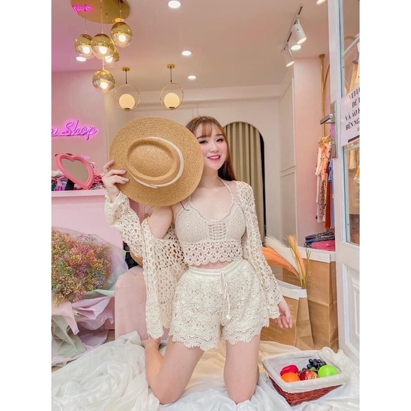 Bikini đồ bơi nữ đi biển len đồng xu mix quần len đai thun