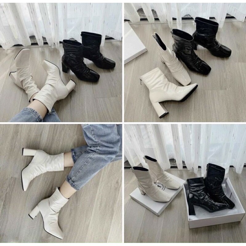 Boot nữ cổ cao da bóng, bốt nữ nhăn mũi vuông gót 7cm | BigBuy360 - bigbuy360.vn