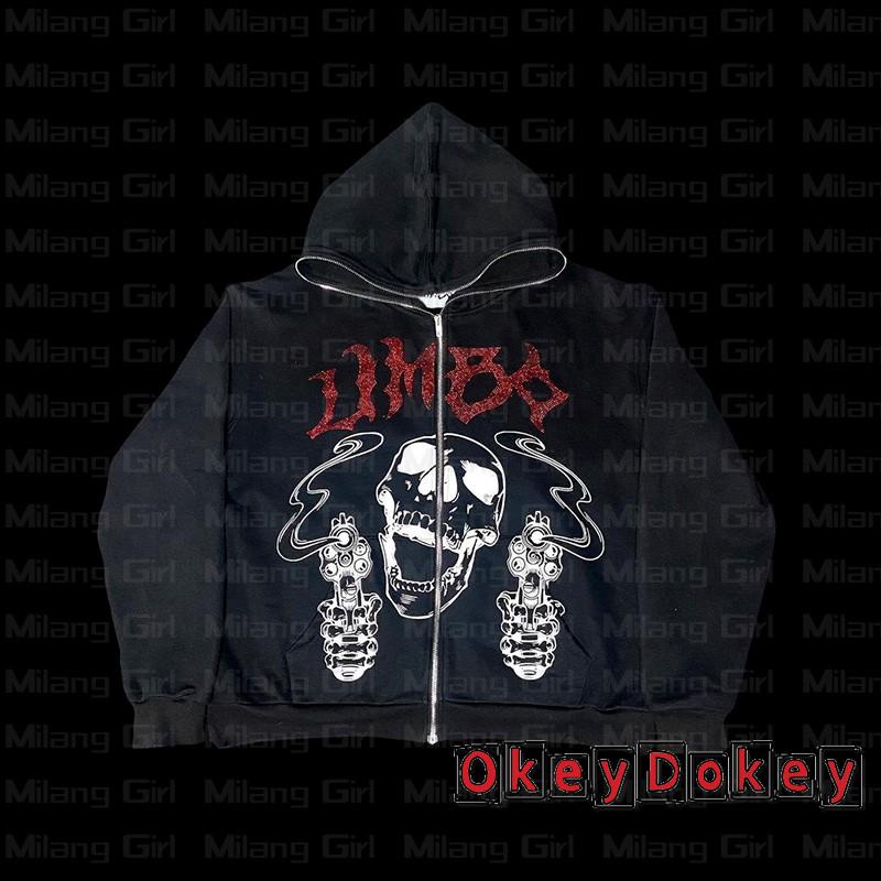 Áo Khoác Hoodie Có Khóa Kéo In Hình Đầu Lâu Đính Đá Y2k Phong Cách Đường Phố Cho Nữ