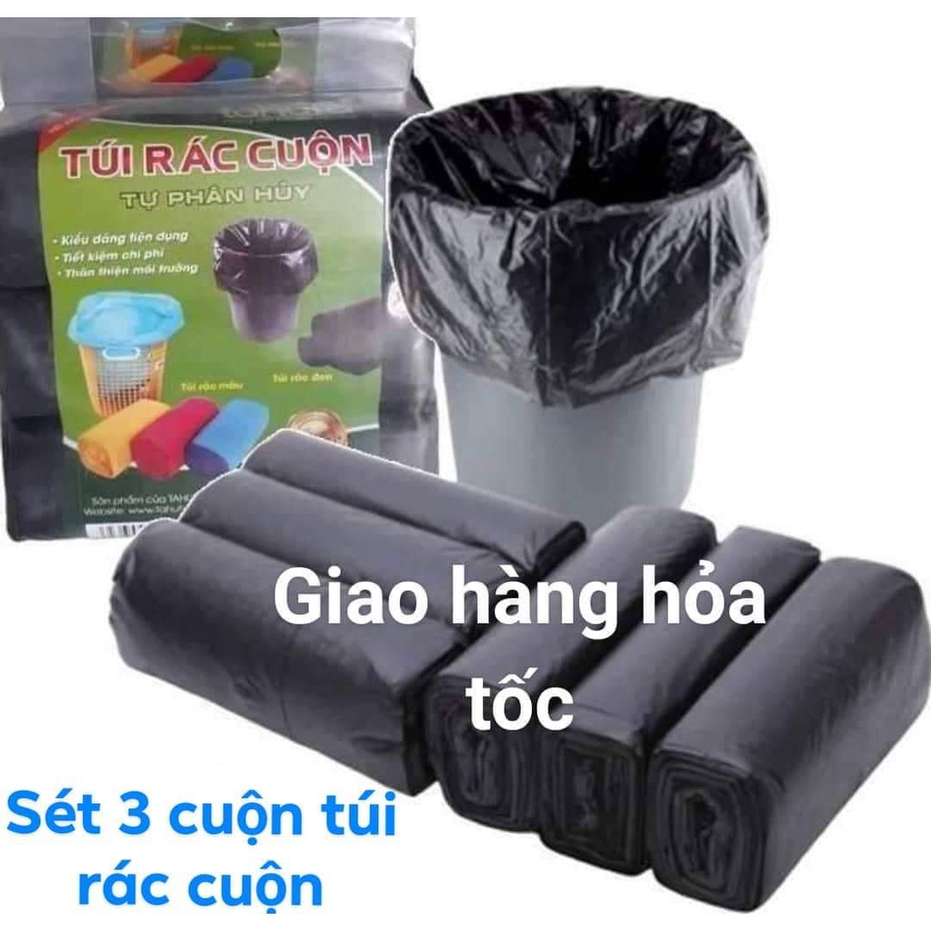 Sét 3 cuộn túi bóng đen đủ kích thước lựa chọn, túi đóng hàng, túi nilon, túi đựng rác tự phân hủy TAHUFA, Bao rác đen.