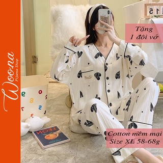 Bộ đồ ngủ dài tay dễ thương thu đông bigsize mặc nhà vải cotton phong cách Cardigan, bầu bì bon chen ok
